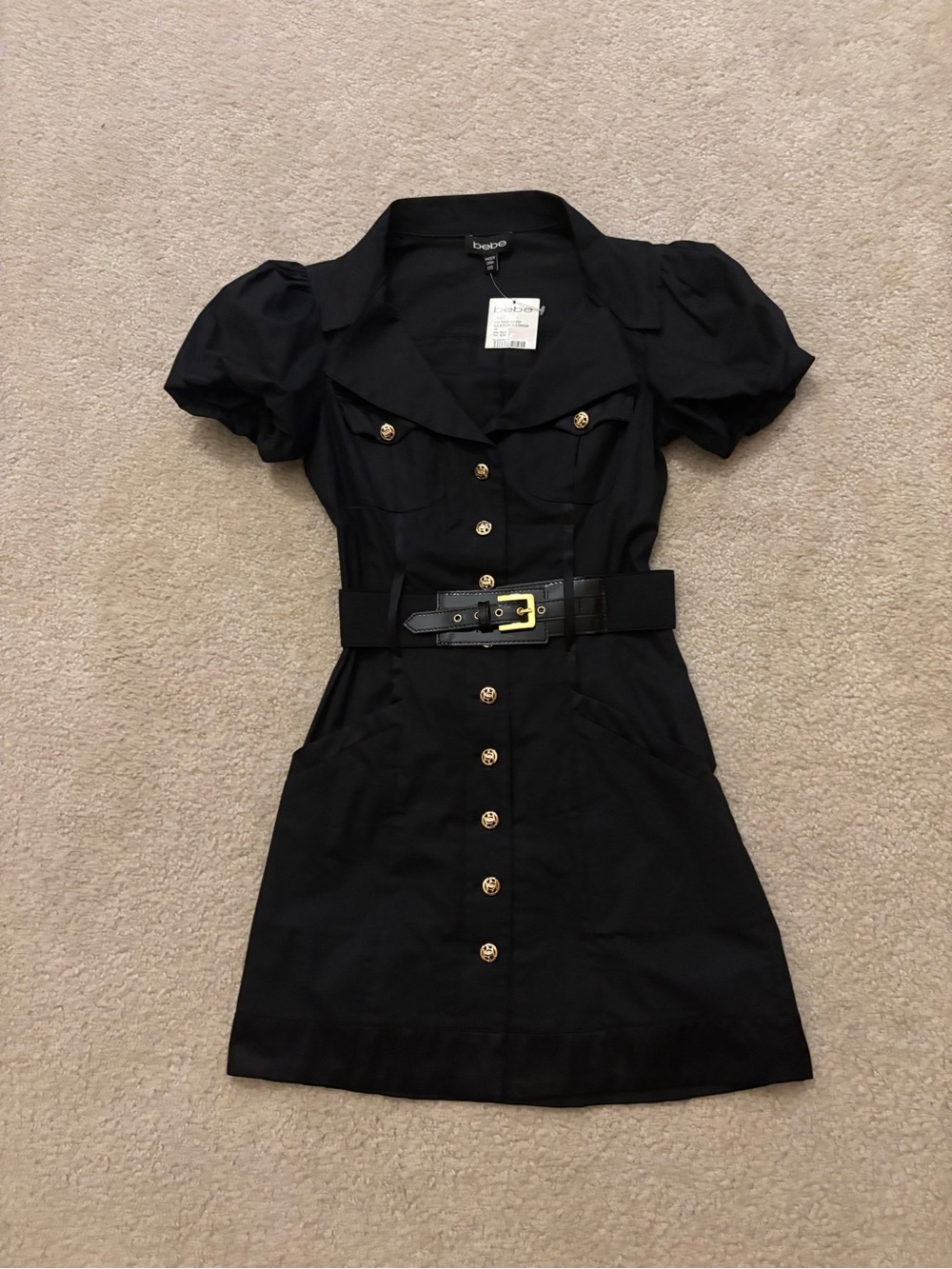 bebe Black Short-Sleeve Shirt Dress with Gold Buttons & Belt
